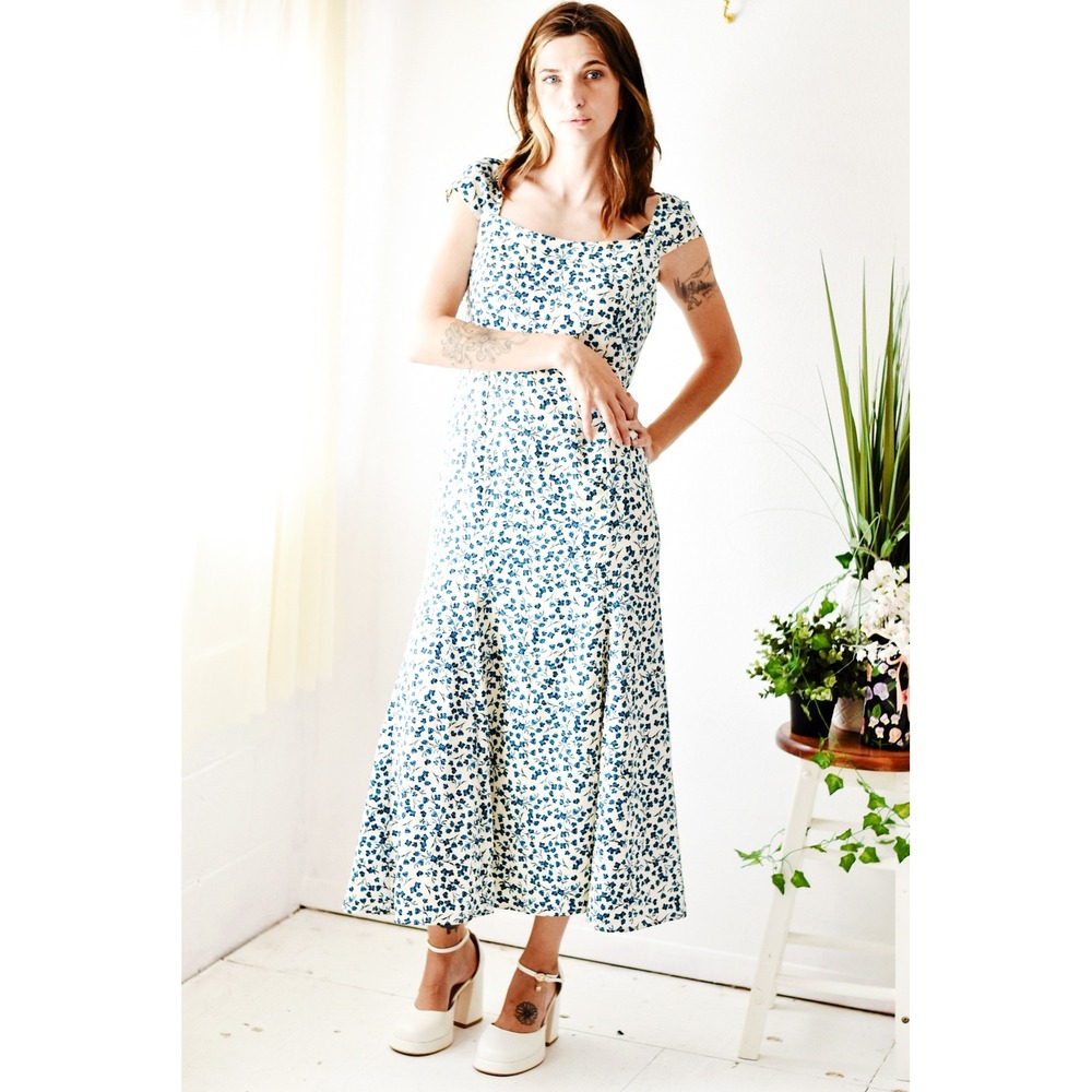 Jessica Simpson Floral Midi Dress‎ Womens Small Blue White Excellent Cap Sleeve